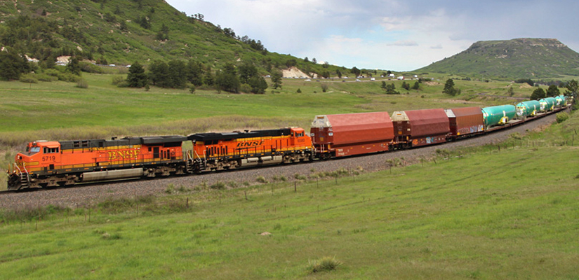 BNSF GE ES44AC 5719 and 5580 Locomotives Leading Fuselage Train Through Larkspur, Colorado