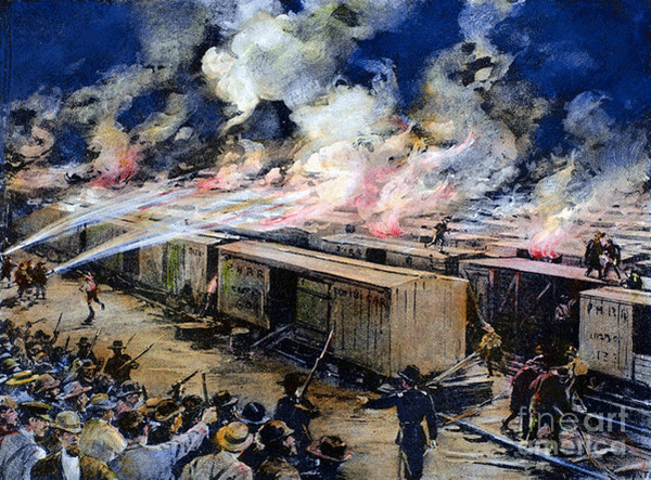 Depiction of Burning Freight Cars in the Panhandle Railroad Yard, South of 50th Street on July 6, 1894
