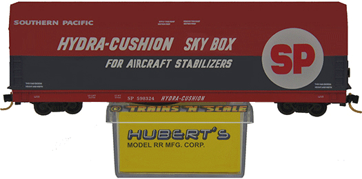 Huberts N-Scale Skybox Car with with Southern Pacific Flatcar SP 598324 and "Hydra-Cushion Sky Box For Aircraft Stabilizers" Hood