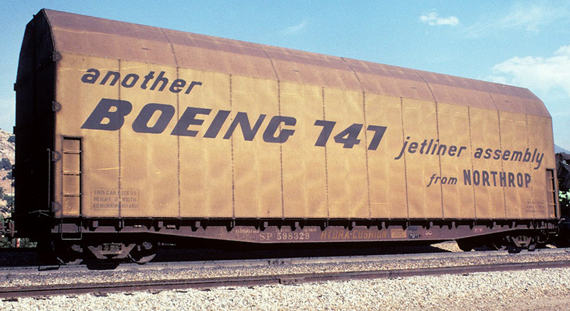 Southern Pacific Flatcar SP 598329 with "another Boeing 747 jetliner assembly from NORTHROP" Hood - Charles Lange Photo